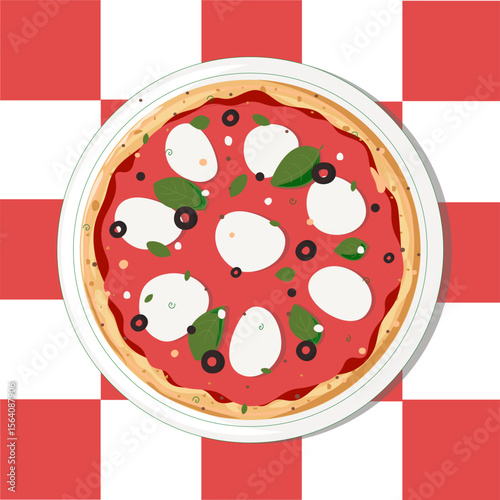 Pizza Margherita on a plate, white and red checkered tablecloth, Italian pizza