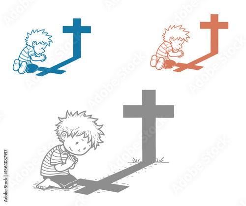 Cartoon Boy Praying with Cross Shadow in Blue Orange and Gray