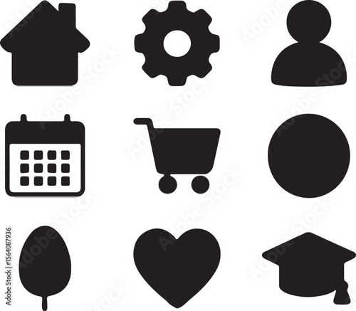 Collection of nine distinct black user interface icons representing common digital functions and elements