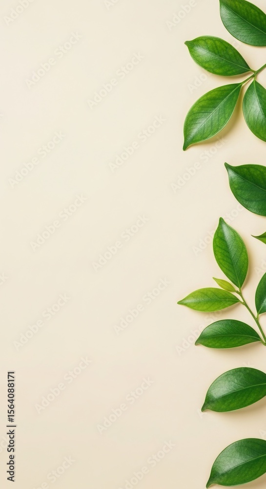 Fototapeta premium Cream Background with Lush Green Leaves: Minimalist Botanical Flatlay