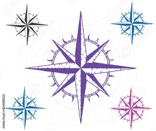 Colorful Compass Rose Variations on a White Background with Faint Compass