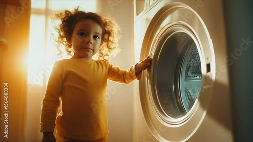 Toddler curiously explores a washing machine
