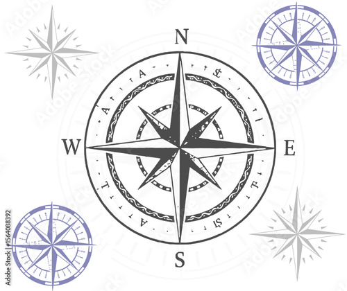 Vintage Compass Rose Design with Directional Markings and Nautical Elements