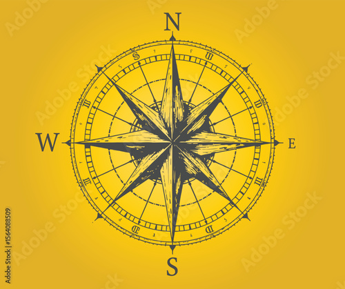 Vintage Compass Rose Design on Golden Yellow Background Nautical Navigation