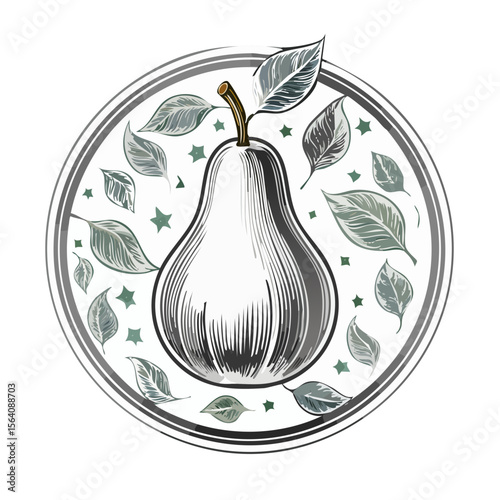 Pear with Leaves and Stars Illustration Inside a Circle, Vintage Style Design