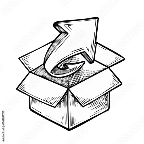 Open Cardboard Box with an Arrow Floating Upwards Sketch Style Illustration Black Background Deliveries Packaging