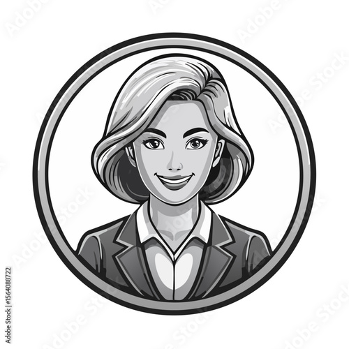 Monochrome portrait of business woman avatar wearing formal suit smiling cheerfully in round frame vector illustration for design and decoration