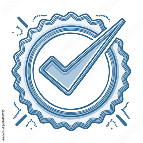 Approval badge illustration with check mark in circle for quality graphic resource design, verification symbol, valid icon and business concept