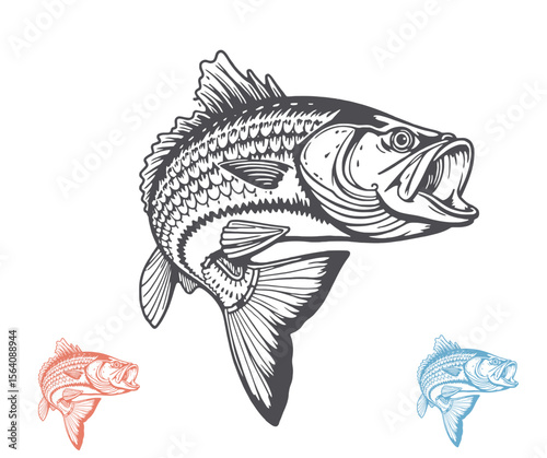 Detailed Illustration of a Jumping Fish with Open Mouth and Scales