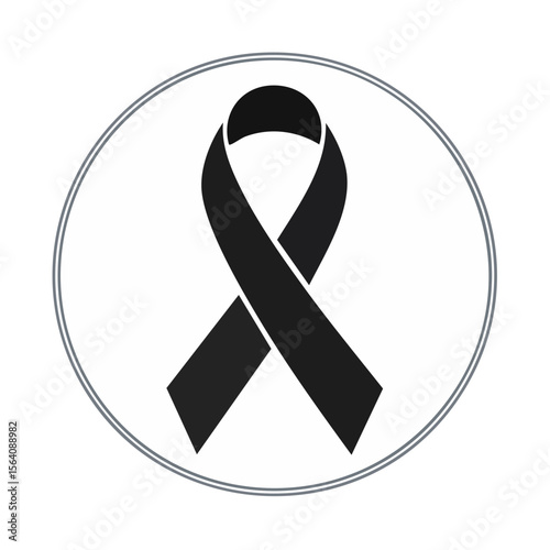 Black ribbon on white circle background symbol for mourning support and awareness sign for serious illness cause vector illustration