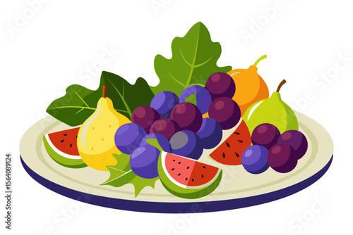 Fresh Fruit Platter Featuring Grapes and Figs Line Vector Art