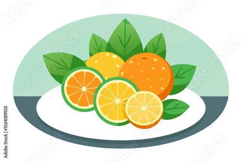 Fresh Citrus Fruits with Mint on Round Tray Vector Illustration