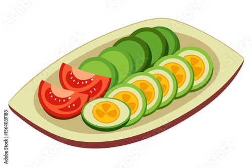 Avocado Tomato Cucumber Slices on Platter Vector Illustration