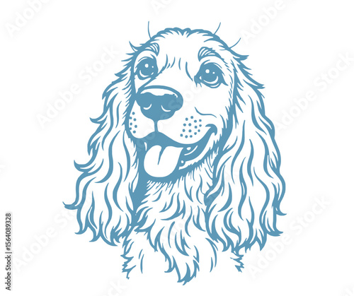 Stylized Cocker Spaniel Head Illustration in Light Blue on White Background