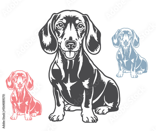 Stylized Dachshund Dog Illustration in Black Pink and Blue on White Background