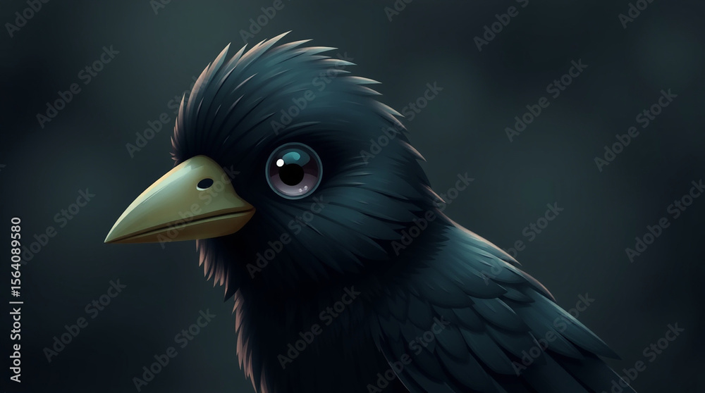 Fototapeta premium A charming, adorable crow depicted in a moody style with low contrast, showcasing cute and endearing facial features