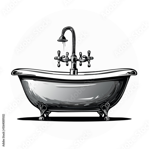 Retro clawfoot bathtub vector illustration, vintage style with water drops, perfect for bath, hygiene, and relaxation themes