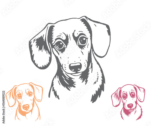 Dachshund Dog Illustration in Gray Orange and Pink on White Background