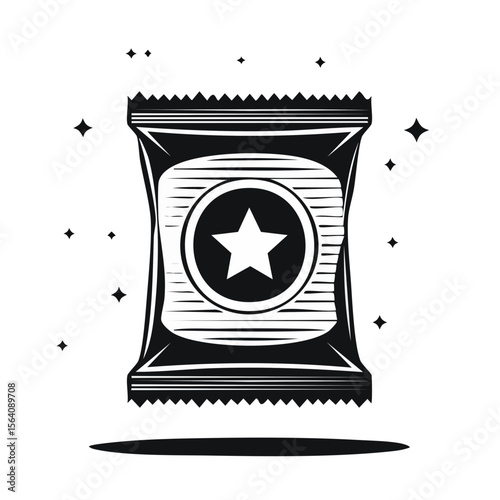 Monochrome snack bag featuring star emblem isolated on a black background. Great for a single design element or illustration.