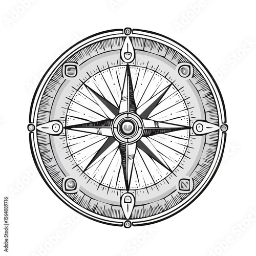 Hand drawn compass rose illustration for adventure travel guidance on black background navigation marine equipment symbol