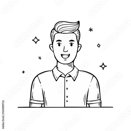 Hand Drawn Smiling Man with Modern Hairstyle and Sparkling Background in Black and White Cartoon