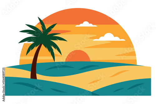 Beach Sunset View Vector with Waves and Horizon Line