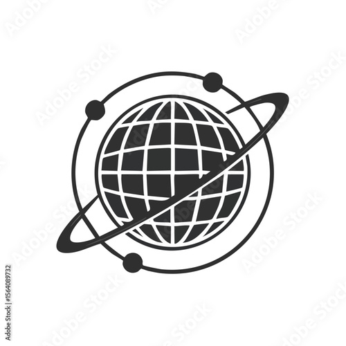Global Network: A stylized graphic depicts interconnectedness and worldwide communication using orbiting spheres and a webbed globe.