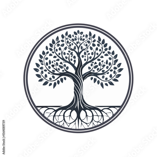 Elegant Tree of Life Silhouette Inside Circle, Branches and Roots, Abstract Design