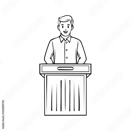 Man Speaking at Podium Presenting Speech or Lecture in Black and White Illustration Style, Conference or Political Rally concept