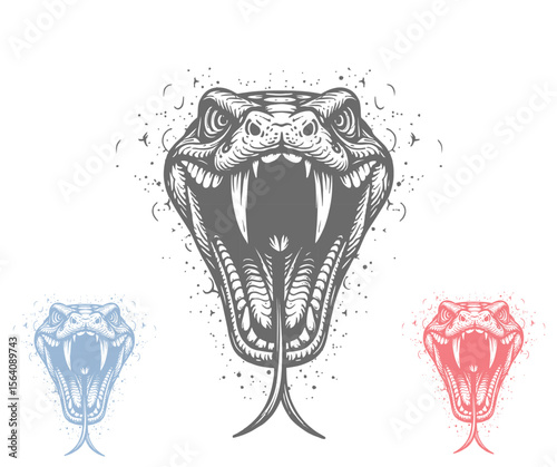Illustration of an Aggressive Snake Head with Open Mouth and Sharp Fangs