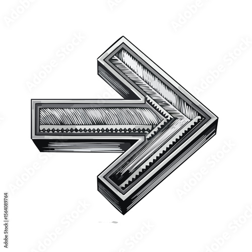 Engraved Style Arrow Pointing Right in Silver, Directional Sign with Hatching on Black Background