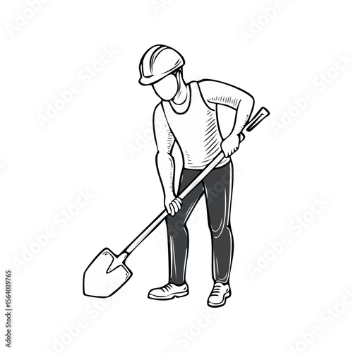 Construction Worker Digging with Shovel, Wearing Hard Hat, Sketch Style