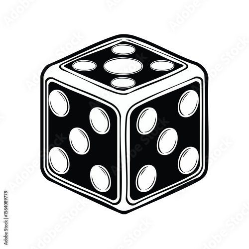 A monochrome die showing five, four, and six, a dice in vector art, black and white rendering on a black background
