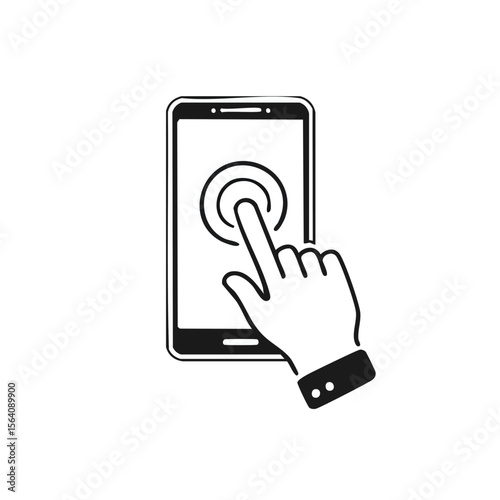 Finger Touching Smartphone Screen Simple Hand Gesture Interacting with Digital Device Minimalist Style on Black Background Illustration