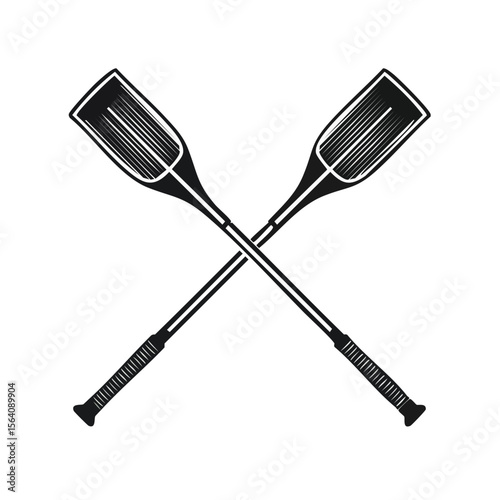 Crossed rowing oars illustration in black and white, paddling sports symbol for outdoor recreation activity