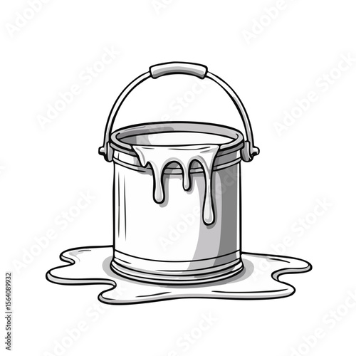 Overflowing paint bucket illustration black and white minimalist design drips of white paint on a dark background art project graphic style
