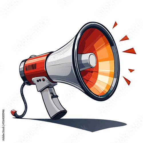 Retro-style megaphone with red and gray color scheme against a black background for announcing, shouting, or promotion.