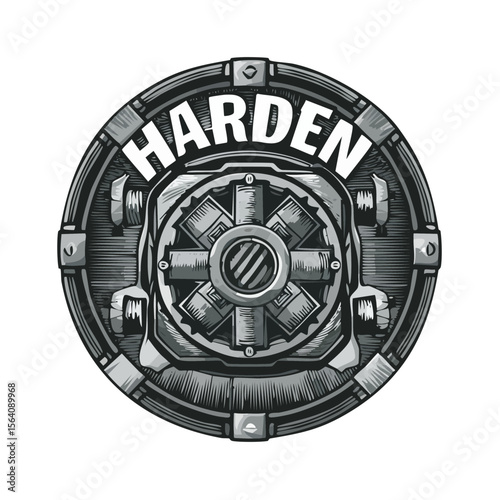 Monochrome Mechanical Illustration of a Steampunk Style Safe Mechanism and the Word Harden Above It