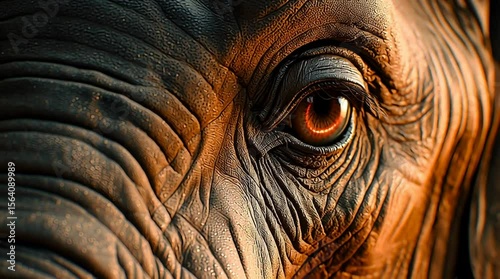 A close-up, highly detailed shot of a realistic elephant's eye and the textured skin around it. The eye is intelligent and reflective, with a warm, amber glow. 
