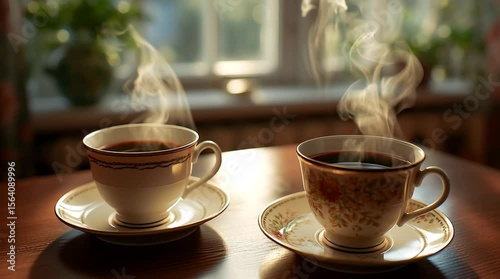 Two elegant porcelain teacups filled with steaming dark coffee, delicate wisps of steam rising, placed on matching saucers on a polished mahogany table. 