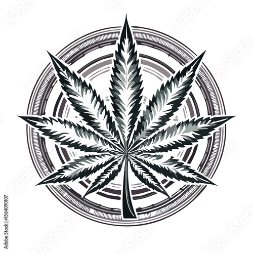 Elegant cannabis leaf artwork with circular design dark monochrome style herbal medicine concept nature illustration weed plant