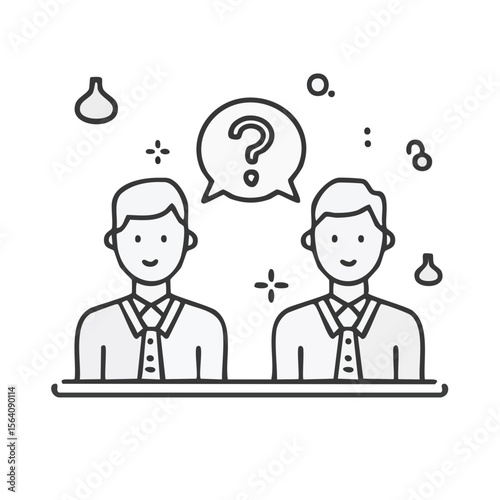 Business meeting with question mark in speech bubble represents confusion and finding answers to business problems or unknown business conditions