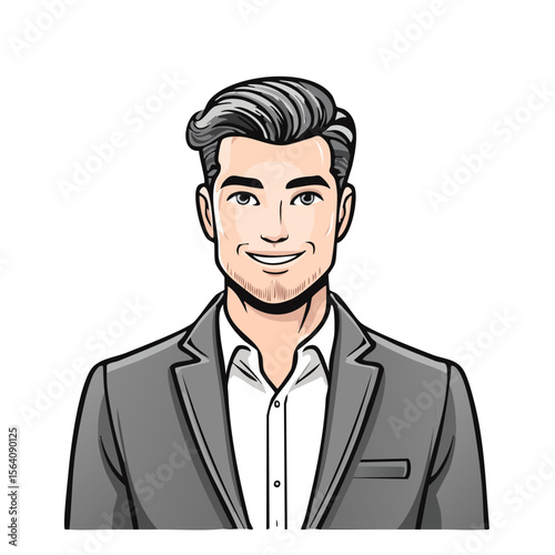 Portrait of a young adult cartoon businessman smiling wearing a grey suit on a black background stylish professional illustration