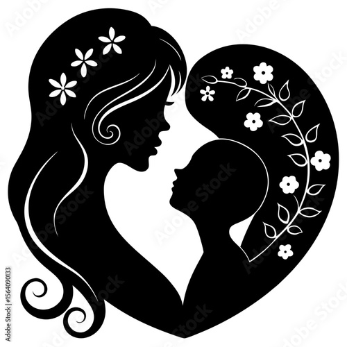 Mother and child heart shaped floral design silhouette vector illustration