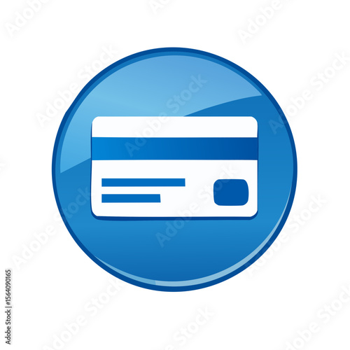 Credit card icon depicting payments and electronic finance on a blue round shiny button against a black background ideal for financial concepts