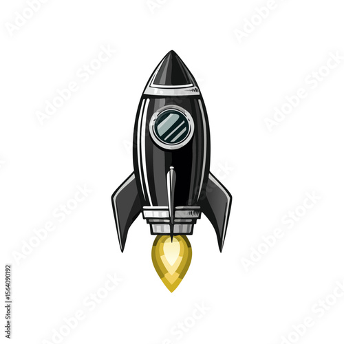 Cartoon Rocket Launching with Jet Flame on Black Background, Futuristic Space Travel Concept