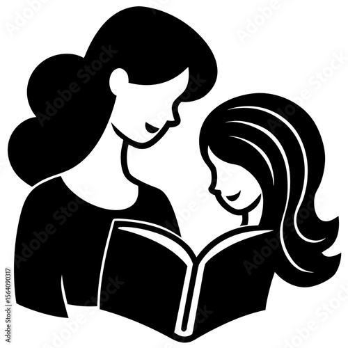 Mother and daughter reading a book together silhouette vector illustration