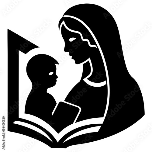Mother and child reading book together silhouette vector illustration