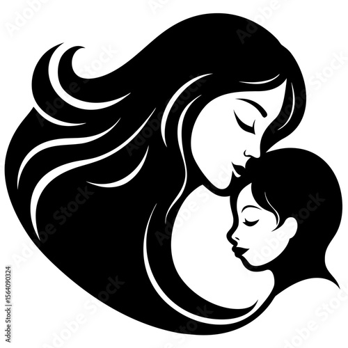 Mother embraces child love affection family care silhouette vector illustration