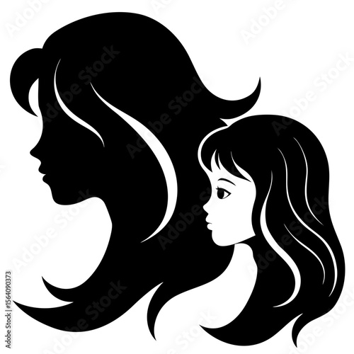 Mother and daughter side profile black silhouette vector illustration